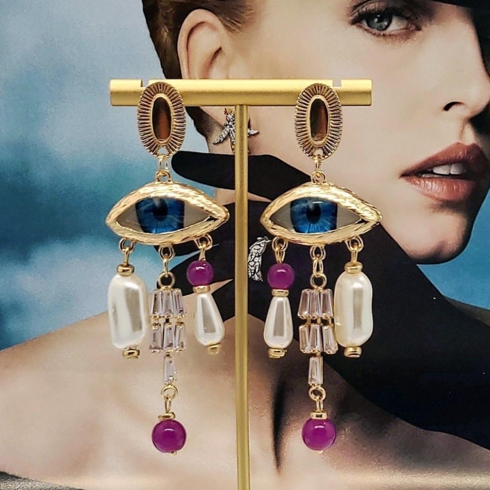NWT Punk Style Crystal Evil Eye Pearl Pendant Gold Tassel Chandelier Earrings